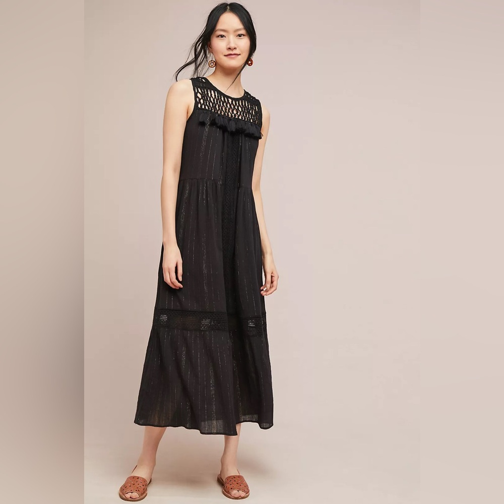 Maeve Anthropologie Abilene Black Crochet Maxi Dress